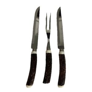 VTG 60'S 3 Piece NEVCO CARVING KNIVES &‎ FORK FAUX STAG HORN HANDLE JAPAN